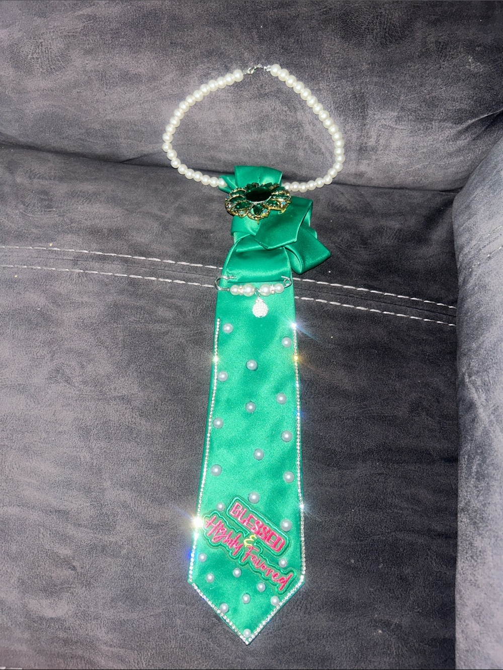 Green Satin Pearl-Trimmed Statement Tie Necklace